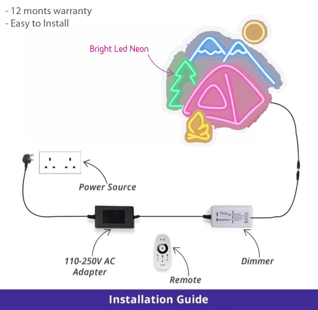 Camping Neon Sign – LED Tent Wall Art with Mountains, Campfire & Trees | Nature Lover Gift | Cozy Cabin Decor | Custom - CityNeon