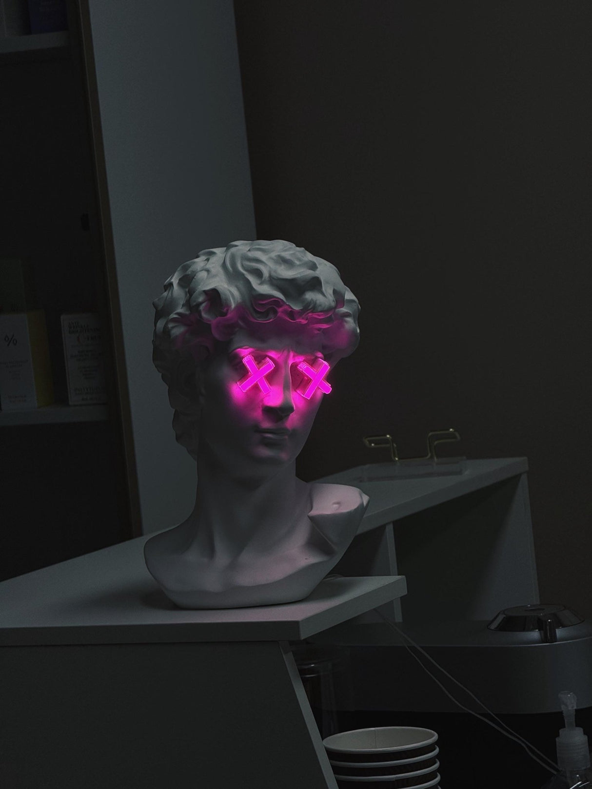 Custom Neon Bust Lamp – Michelangelo David Face with Pink LED Eyes – Unique Nightstand Art Decor - Limited Edition - CityNeon