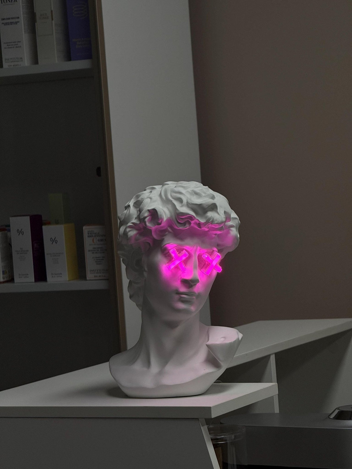Custom Neon Bust Lamp – Michelangelo David Face with Pink LED Eyes – Unique Nightstand Art Decor - Limited Edition - CityNeon