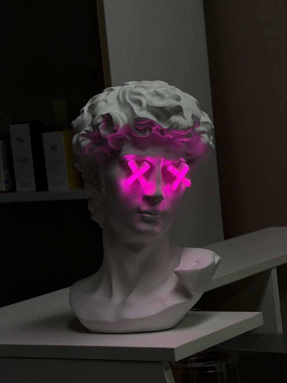 Custom Neon Bust Lamp – Michelangelo David Face with Pink LED Eyes – Unique Nightstand Art Decor - Limited Edition - CityNeon