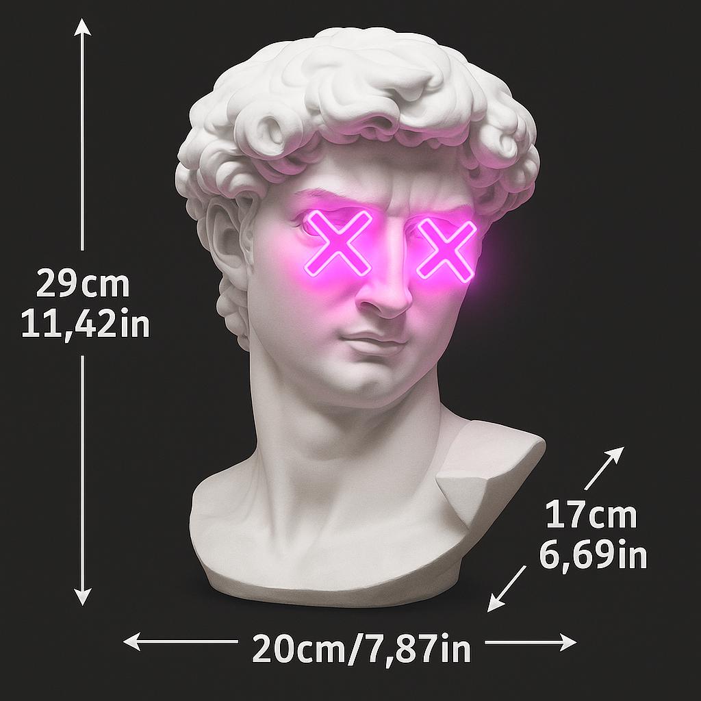 Custom Neon Bust Lamp – Michelangelo David Face with Pink LED Eyes – Unique Nightstand Art Decor - Limited Edition - CityNeon