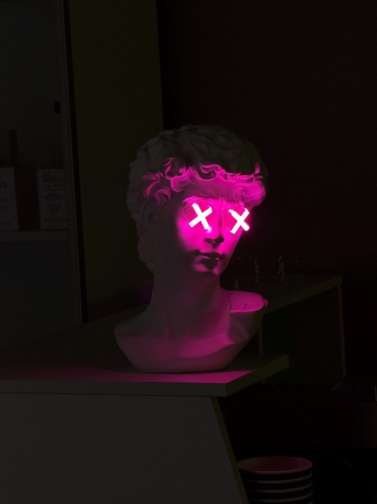 Custom Neon Bust Lamp – Michelangelo David Face with Pink LED Eyes – Unique Nightstand Art Decor - Limited Edition - CityNeon