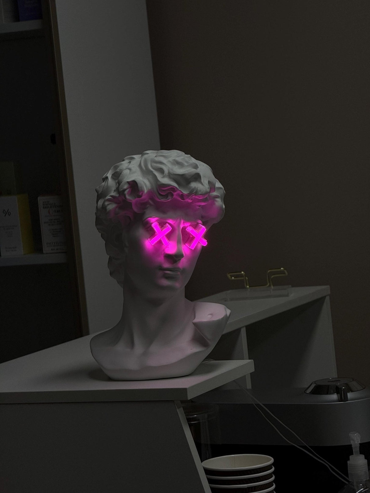 Custom Neon Bust Lamp – Michelangelo David Face with Pink LED Eyes – Unique Nightstand Art Decor - Limited Edition - CityNeon