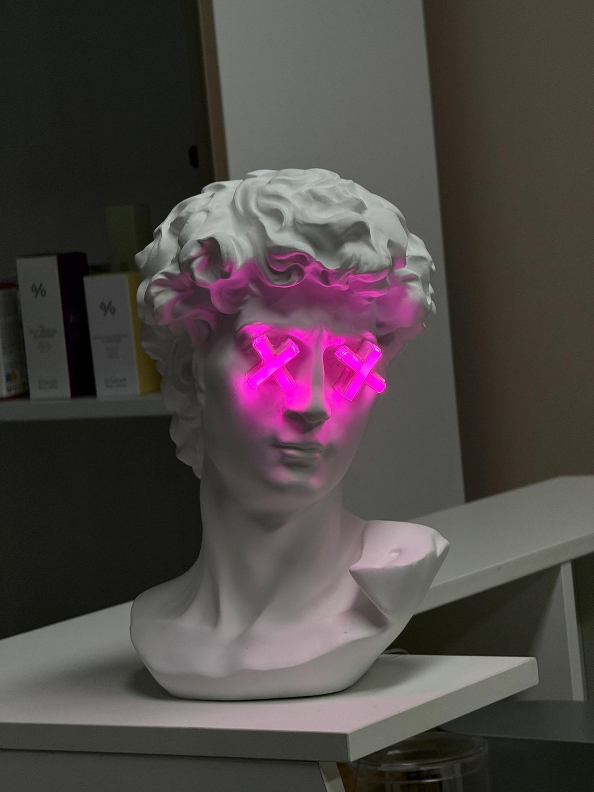 Custom Neon Bust Lamp – Michelangelo David Face with Pink LED Eyes – Unique Nightstand Art Decor - Limited Edition - CityNeon