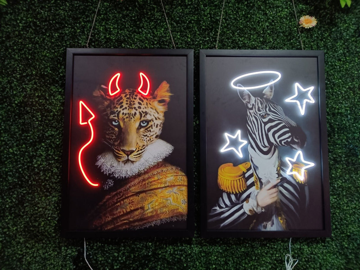 Devil Leopard & Angel Zebra LED Neon Art - Unique Halloween Decor, Vintage Animal Portraits for Home & Office - CityNeon