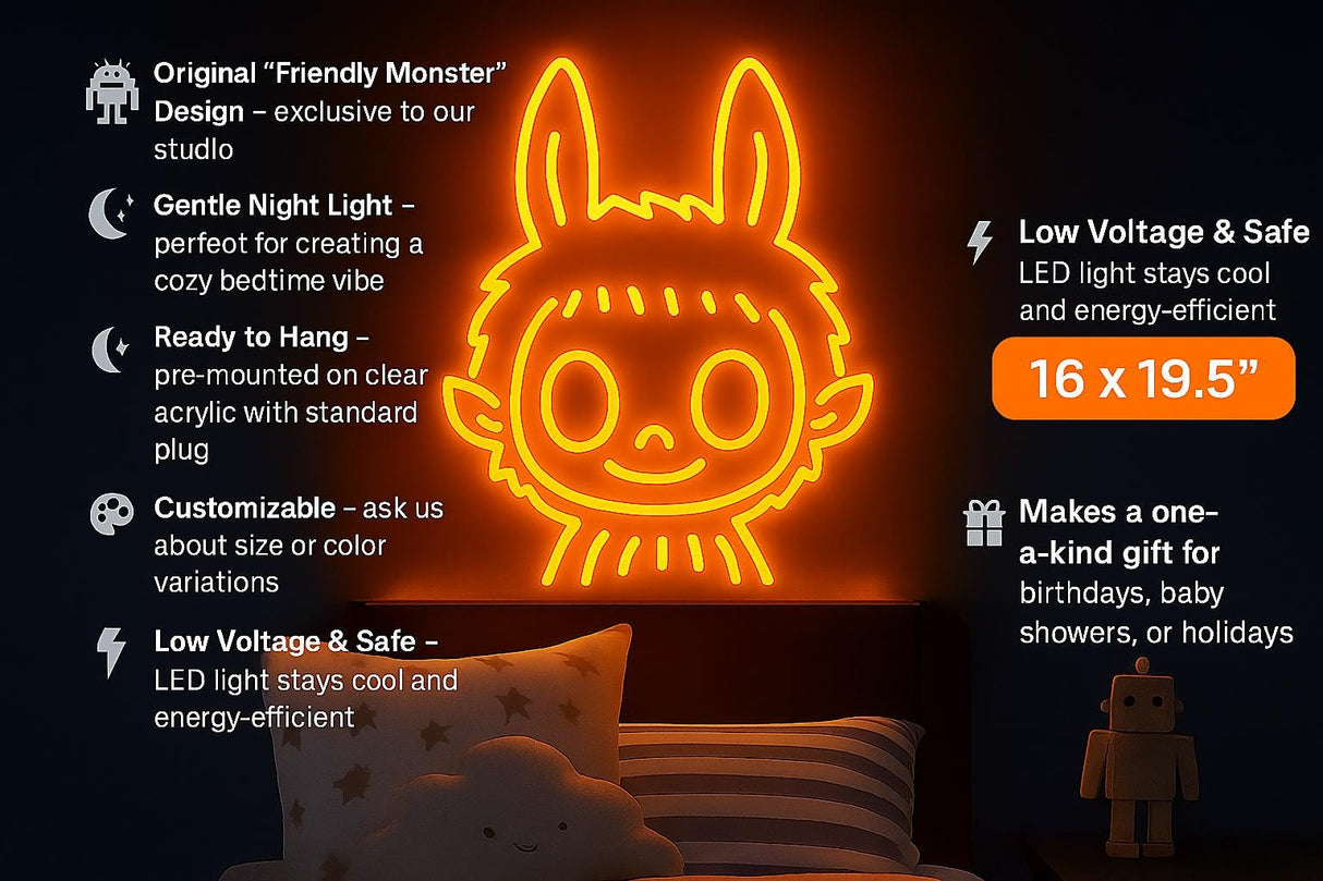 Friendly Monster LED Neon Sign – Cute Wall Light for Kids Room | Custom Cartoon Lamp | Soft Night Light for Boys & Girls | Nursery Decor - CityNeon