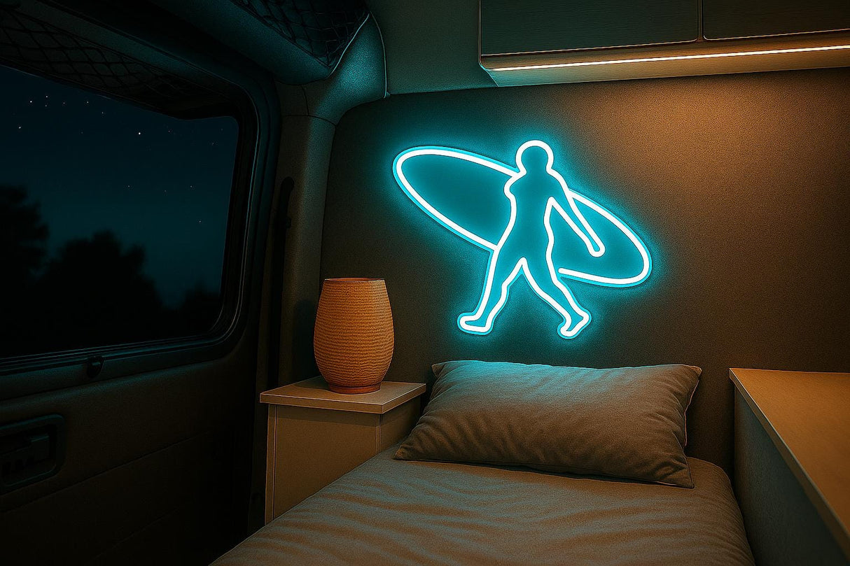 Surfboard Neon Sign: Surf Girl LED Light - Coastal Wall Art - CityNeon