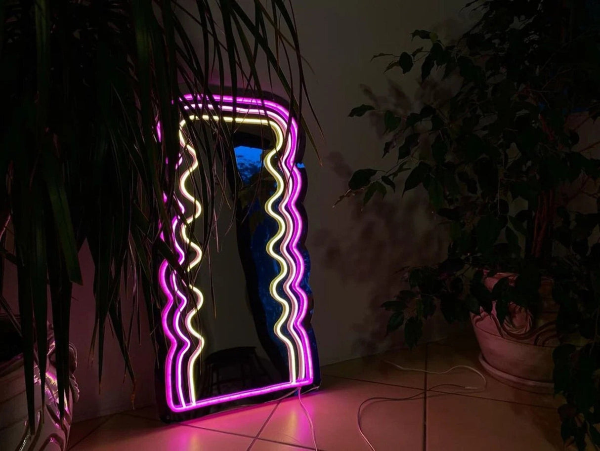 Wavy Pink Neon Mirror, Glowing Mirror , Light up Mirror For Bedroom, Mirror Wall Decor, Makeup Mirror - CityNeon