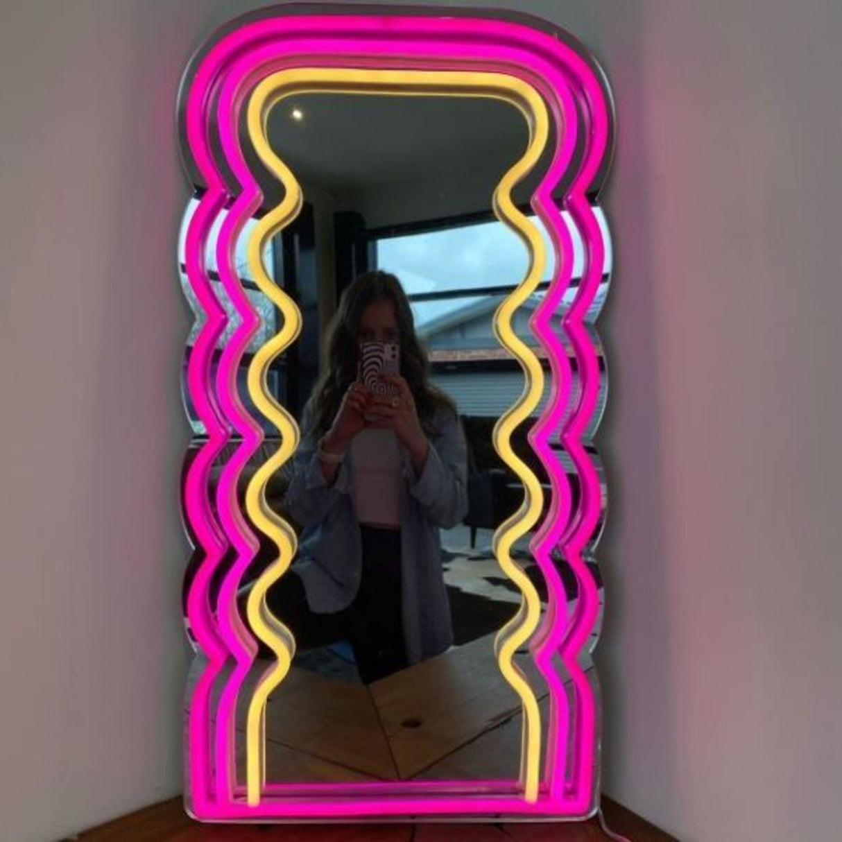 Wavy Pink Neon Mirror, Glowing Mirror , Light up Mirror For Bedroom, Mirror Wall Decor, Makeup Mirror - CityNeon