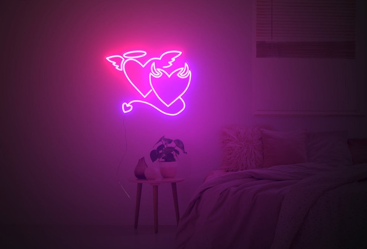 Angel and Devil Neon Sign – Custom Heart Neon Sign for Weddings and Bedroom Decor - CityNeon