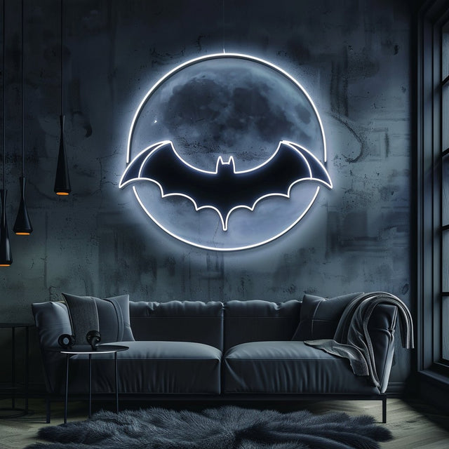 Bat and Moon LED Neon Sign - Halloween Decor, Bedroom & Porch Light Up Art, Unique Kids Room Lamp, Halloween Unique Poster, Vampire Decor - CityNeon