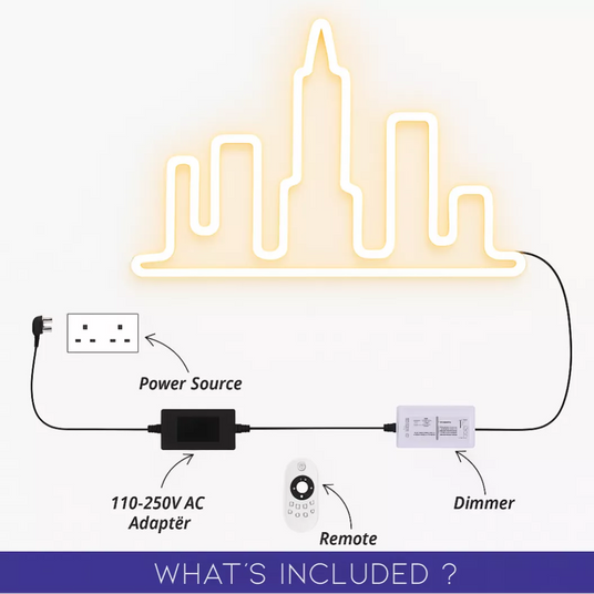Diagram of a City Skyline LED neon sign showing power adapter, dimmer, remote control and included accessories.
