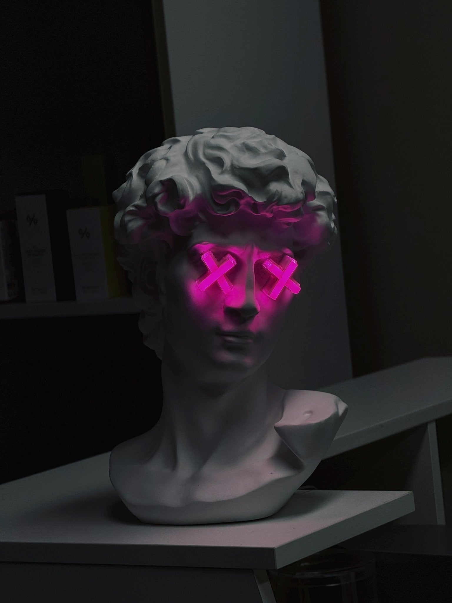 Custom Neon Bust Lamp – Michelangelo David Face with Pink LED Eyes