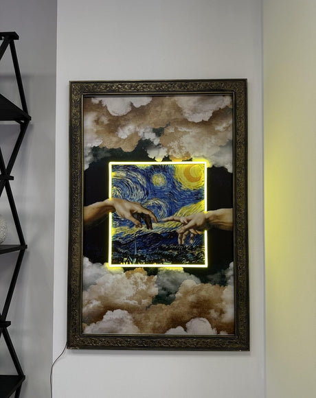 Van Gogh X Creation of Adam Neon Sign - Modern Religious Art, Illuminated God and Adam, Unique Bedroom Decor, Famous Artist Symbolism Print