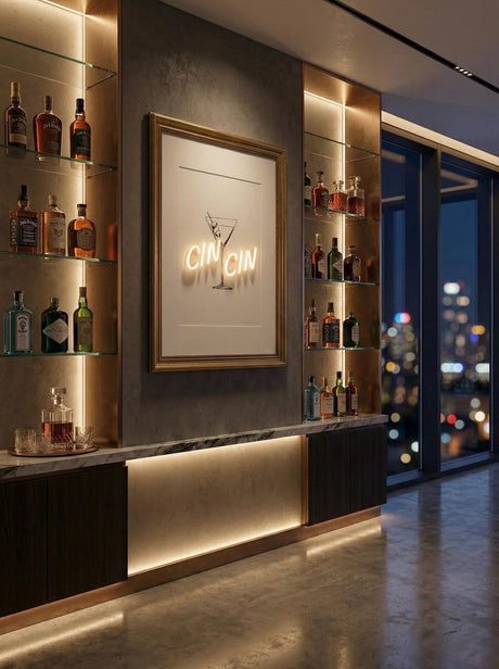 Luxury LED Neon Wall Art – CIN CIN Bar Artwork – Framed Illuminated Print – Modern Silicone Neon Sign – Private Bar Decor – Warm White 6mm - CityNeon