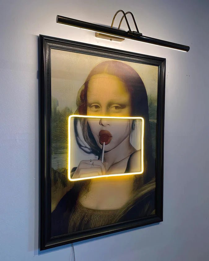 Mona Lisa Painting Neon Sign – Pop Collage Art with LED Neon in Vintage Frame - CityNeon