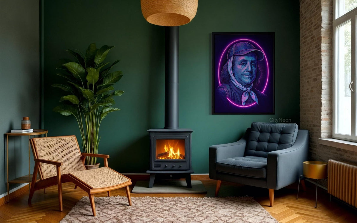 Neon Wall Art – Benjamin Franklin Portrait Art | Cyberpunk Historical Poster | Founding Father Gift for Men | Vaporwave Retro Decor - CityNeon