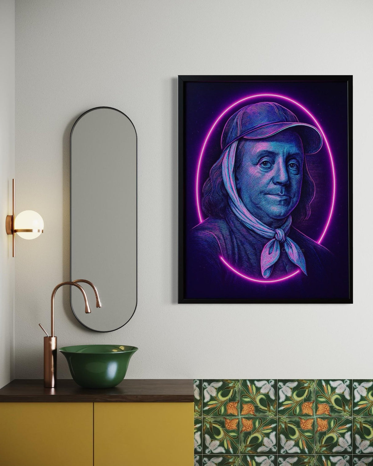 Neon Wall Art – Benjamin Franklin Portrait Art | Cyberpunk Historical Poster | Founding Father Gift for Men | Vaporwave Retro Decor - CityNeon