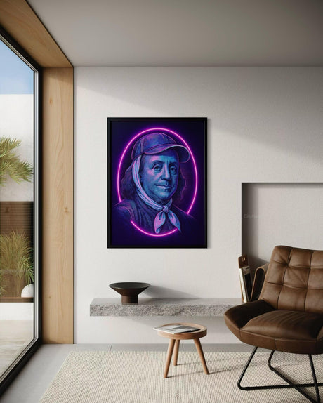 Neon Wall Art – Benjamin Franklin Portrait Art | Cyberpunk Historical Poster | Founding Father Gift for Men | Vaporwave Retro Decor - CityNeon