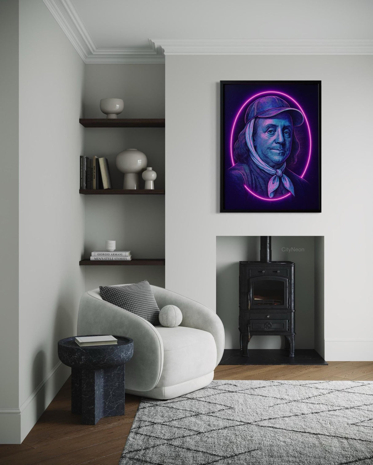 Neon Wall Art – Benjamin Franklin Portrait Art | Cyberpunk Historical Poster | Founding Father Gift for Men | Vaporwave Retro Decor - CityNeon