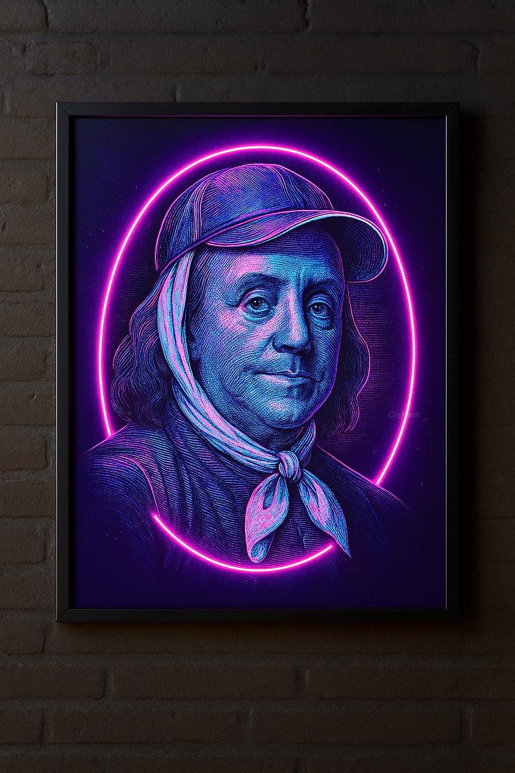 Neon Wall Art – Benjamin Franklin Portrait Art | Cyberpunk Historical Poster | Founding Father Gift for Men | Vaporwave Retro Decor - CityNeon