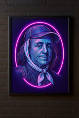 Neon Wall Art – Benjamin Franklin Portrait Art | Cyberpunk Historical Poster | Founding Father Gift for Men | Vaporwave Retro Decor - CityNeon