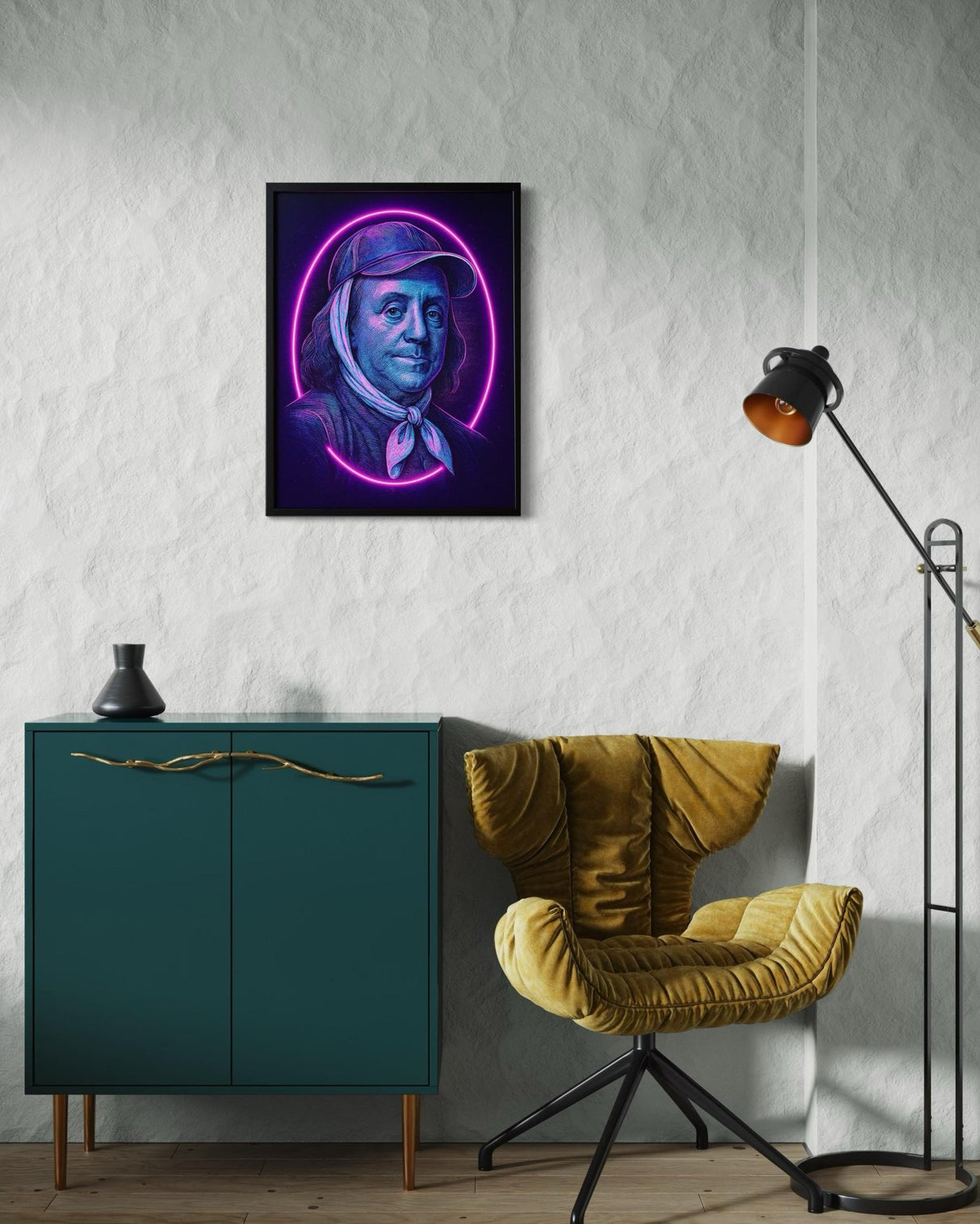 Neon Wall Art – Benjamin Franklin Portrait Art | Cyberpunk Historical Poster | Founding Father Gift for Men | Vaporwave Retro Decor - CityNeon