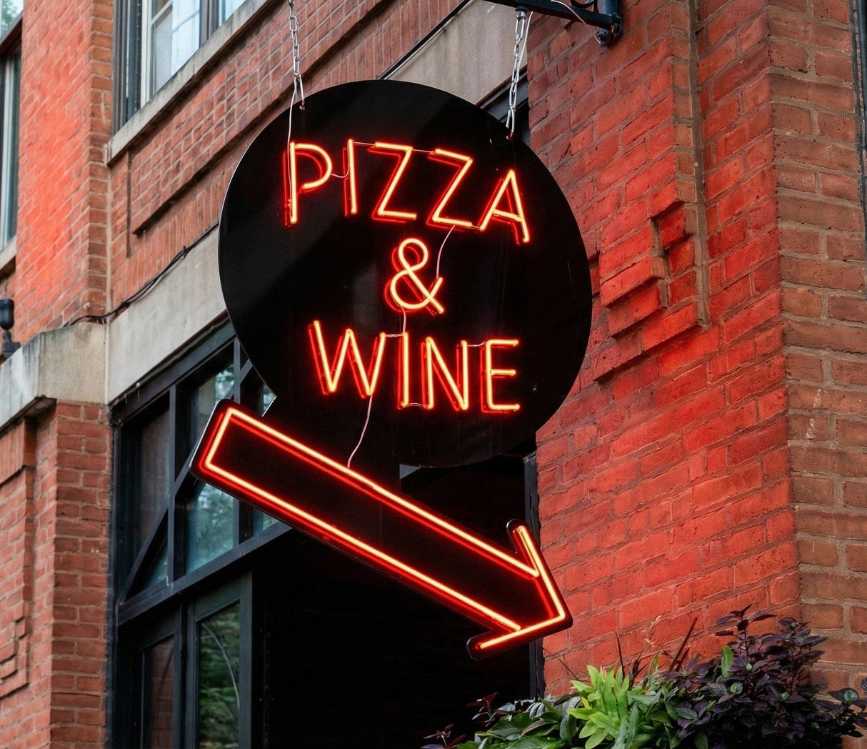 Pizza and Wine Neon Sign – LED Restaurant Wall Decor, Outdoor Hanging Light for Bar, Bistro, or Cafe – Red Arrow Neon Light for Dining Area - CityNeon
