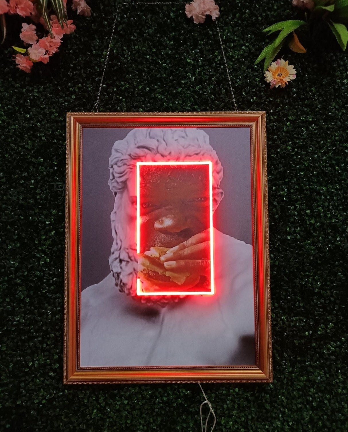 Pop Culture Neon Art: Greek Statue Eating Burger - Retro Neon Poster for Restaurant, Kitchen Wall Art, Unique Gift for Restaurant Owners - CityNeon