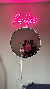 Selfie mirror neon sign - neon light up mirror, pink LED mirror, COOL round mirror, makeup accent mirror (Mirror with neon, selfie sign) - CityNeon