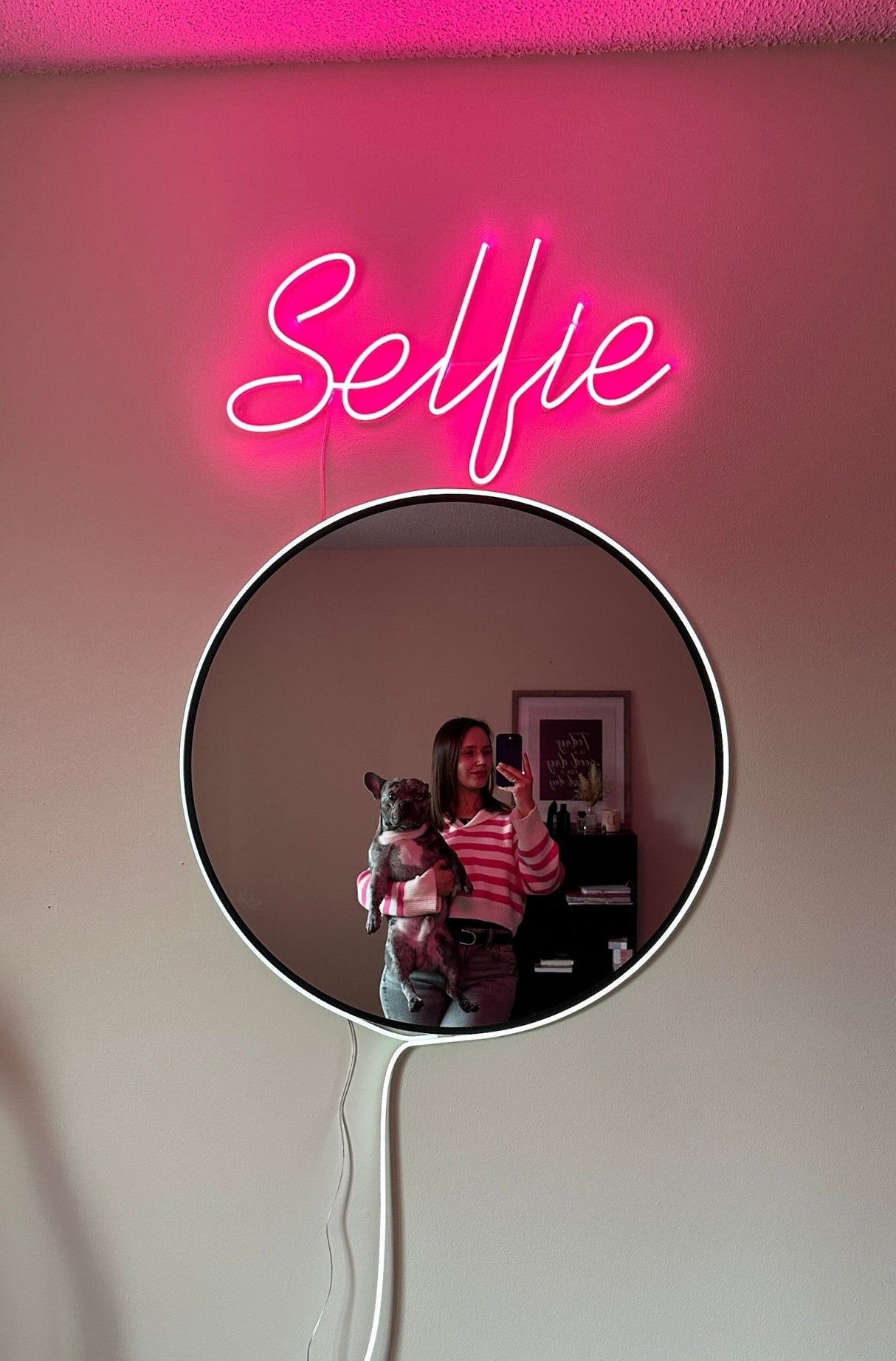 Selfie mirror neon sign - neon light up mirror, pink LED mirror, COOL round mirror, makeup accent mirror (Mirror with neon, selfie sign) - CityNeon