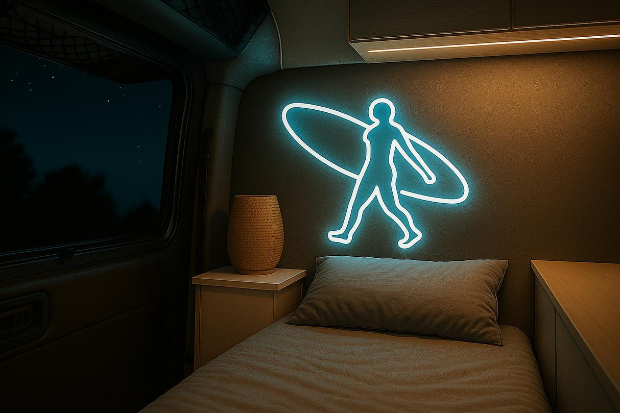 Surfboard Neon Sign: Surf Girl LED Light - Coastal Wall Art - CityNeon