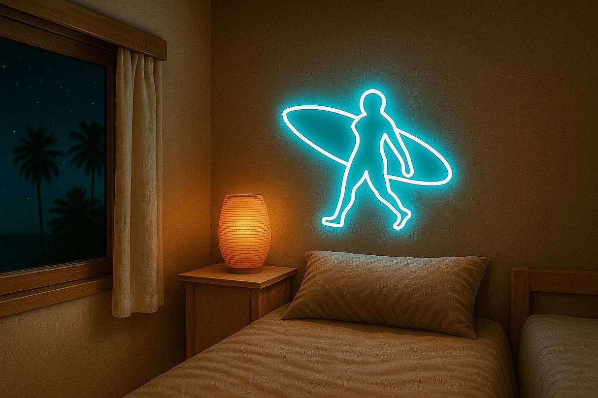 Surfboard Neon Sign: Surf Girl LED Light - Coastal Wall Art - CityNeon