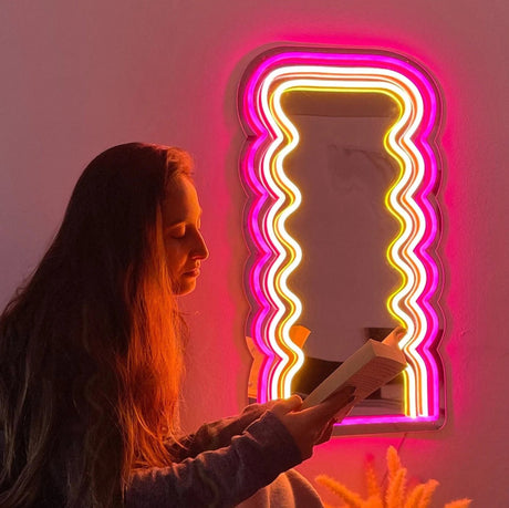 Wavy Pink Neon Mirror, Glowing Mirror , Light up Mirror For Bedroom, Mirror Wall Decor, Makeup Mirror - CityNeon