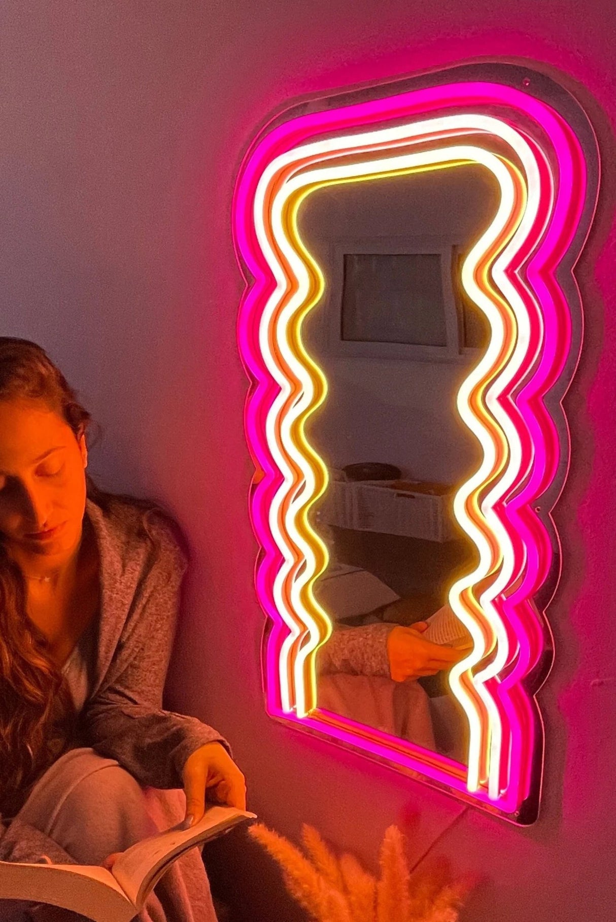 Wavy Pink Neon Mirror, Glowing Mirror , Light up Mirror For Bedroom, Mirror Wall Decor, Makeup Mirror - CityNeon