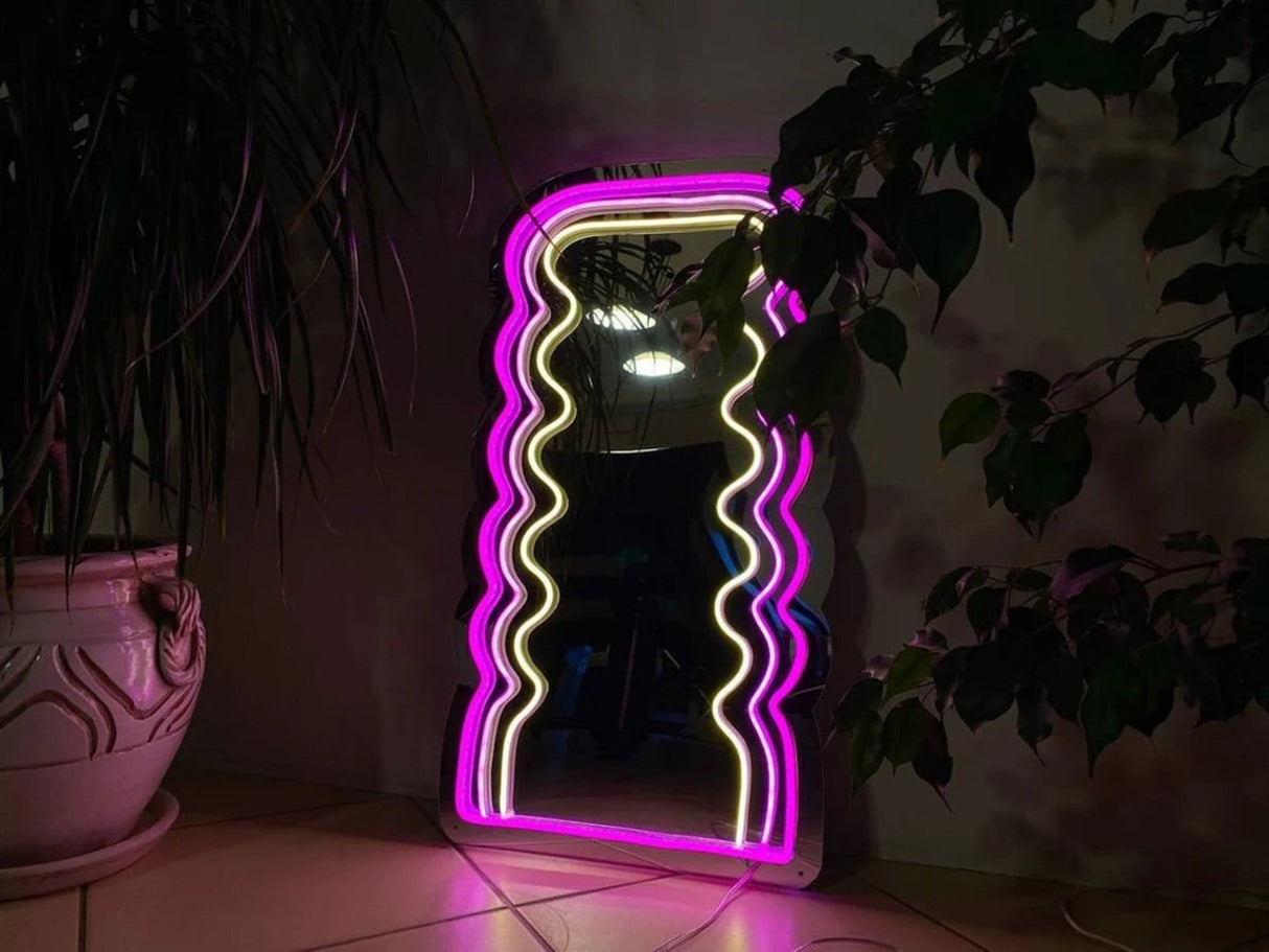 Wavy Pink Neon Mirror, Glowing Mirror , Light up Mirror For Bedroom, Mirror Wall Decor, Makeup Mirror - CityNeon