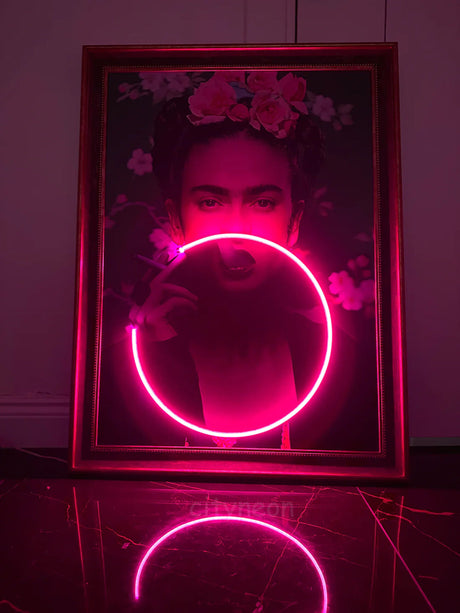 Frida Kahlo Art Framed Neon Sign | Mexican Painting, Modern Decor | Handmade Gift, Famous Paintings, Minimalist Office Wall Art